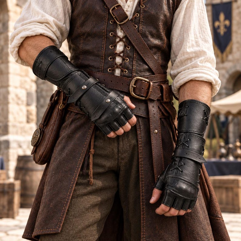 May include: A pair of black fingerless leather gauntlets featuring crisscross lacing, adjustable straps with metal buckles, and reinforced stitching. The gauntlets extend from the knuckles to the mid-forearm, providing a structured fit.