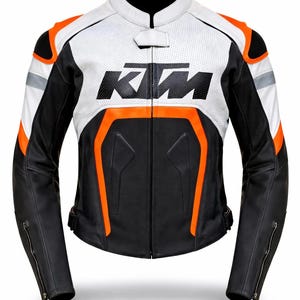 KTM Racing Leder Motorradjacke Herren Schwarz Weiß Orange Mesh Belüftete KTM Racing Leder Motorradjacke.