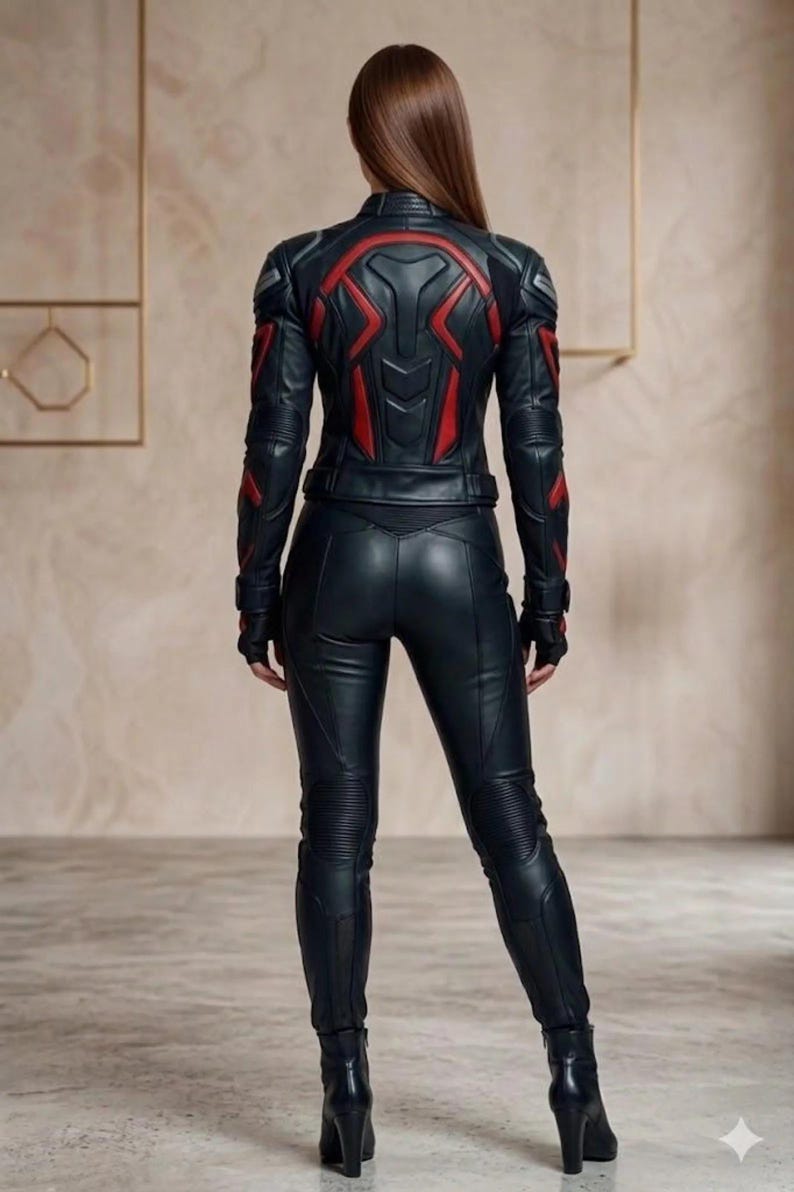 May include: Black leather jacket and pants set with red accents. The jacket features a high collar and red geometric designs on the shoulders and back. The pants have a fitted design with ribbed detailing on the knees.