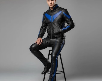 Mens Black Leather Suit Set Blue Stripe Biker Outfit Leather Jacket and Pants Set Motorcycle Leather Suit Men