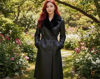 Women’s Handmade Black Leather Long Trench Coat | Luxury Real Leather Shearling Coat | Fur Collar Winter Jacket