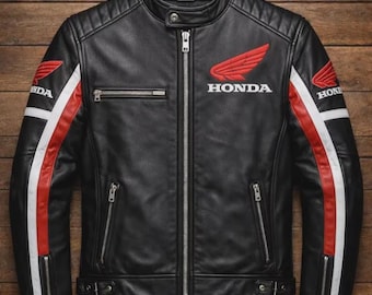 Honda Motorcycle Cafe Racer Leather Jacket: Vintage Biker Style with Red White Stripes.