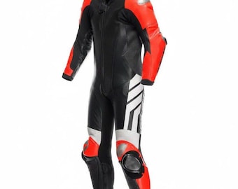 Men’s Black Red Leather Motorcycle Racing Suit – CE Armor Biker Gear (Custom Sizes)