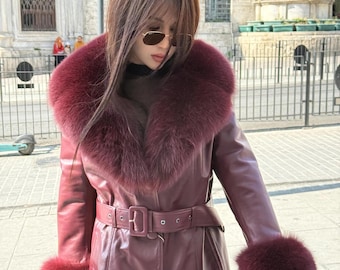 Women’s Burgundy Leather Jacket, Handmade Collar & Cuffs Fox Fur Coat
