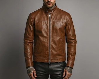 Handmade Brown Cowhide Leather Biker Jacket – Cafe Racer, Steampunk Style.