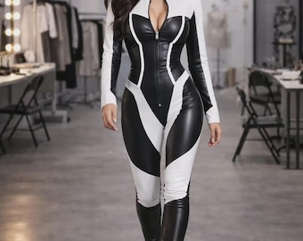 Women's Black White Cowhide Leather Catsuit, Slim Fit Biker Jumpsuit, Front Zipper Bodysuit