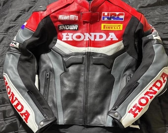 Honda CBR Leather Motorcycle Jacket Men's Biker Racing Jacket, Genuine Cowhide CE Armor.