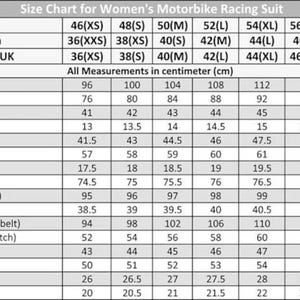 May include: Size chart for a women's motorbike racing suit. Measurements are in centimeters. Includes chest, waist, collar, shoulder, sleeve, inseam, and other dimensions. Sizes range from 46(XS) to 60(4XL).