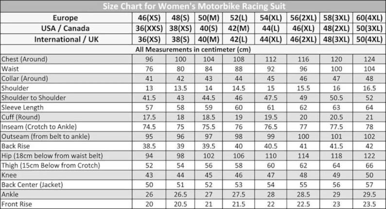May include: Size chart for a women's motorbike racing suit. Measurements are in centimeters. Includes chest, waist, collar, shoulder, sleeve, inseam, and other dimensions. Sizes range from 46(XS) to 60(4XL).