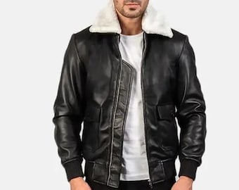 Men's Black Sheepskin Leather Bomber Jacket | Removable White Fur Collar Flight Style