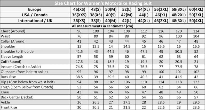 May include: Size chart for women's motorbike racing suits, displaying measurements in centimeters. Includes chest, waist, collar, shoulder, sleeve, and inseam measurements, with corresponding European, USA/Canada, and International/UK sizes.