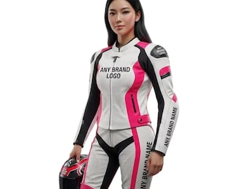 Custom Women Pink and White Motorbike Suit: Ladies Bikers Handmade Cowhide Leather Racing Suit