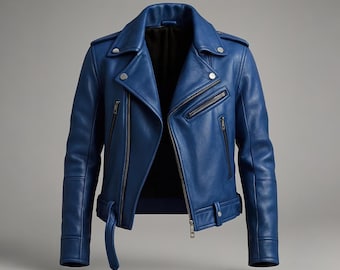 Handmade Blue Leather Biker Jacket – Asymmetrical Moto Jacket