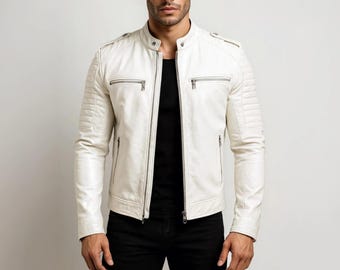 Handmade White Lambskin Leather Biker Jacket – Moto Racer with Quilted Shoulders.
