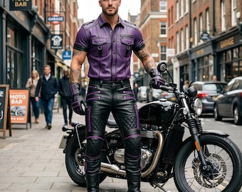 Black Purple Leather Outfit Men | Biker Leather Set Shirt Pants | Gothic Streetwear Men | Motorcycle Leather Suit
