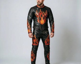 Men's Genuine Leather Flame Motorcycle Suit, Biker Jacket and Pants Set