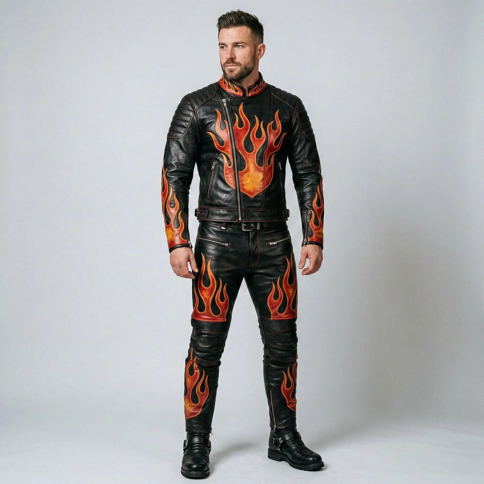Men's Genuine Leather Flame Motorcycle Suit, Biker Jacket and Pants Set