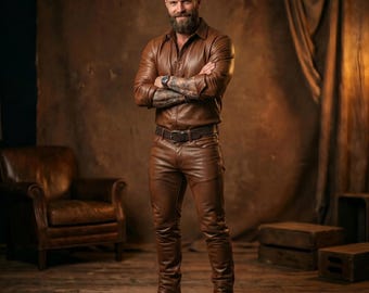 Men's Brown Genuine Leather Shirt and Pants Set, Biker Fashion Suit