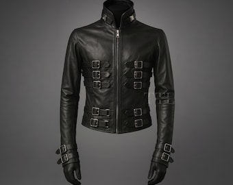 Handmade Black Leather Buckle Jacket | Gothic Steampunk Moto Coat.