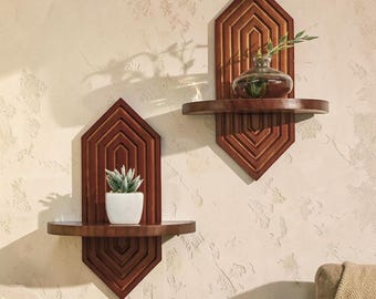 Estantería de pared Art Déco, estante geométrico para plantas, estante flotante pequeño de madera, estante de exhibición montado en la pared, decoración decorativa de pared