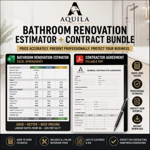 Puede incluir: Un paquete digital para la renovación de baños, con un estimador de hoja de cálculo Excel y un contrato PDF rellenable. Los documentos incluyen detalles del proyecto, precios y un acuerdo general del contratista. Para contratistas.
