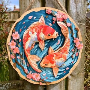 Peut inclure: Une décoration murale circulaire en bois présentant une sculpture en relief superposée de deux poissons koï nageant dans une eau bleue. Les poissons sont orange, blancs et rouges. Des branches de cerisiers en fleurs roses encadrent les poissons.