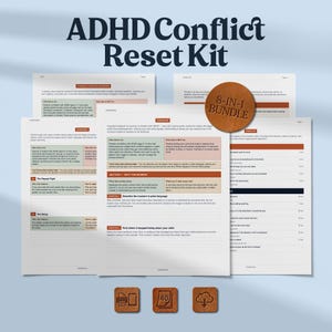 Pode incluir: O kit ADHD Conflict Reset é um pacote 8 em 1 de folhas de trabalho e listas de verificação impressas. Os documentos apresentam cabeçalhos azul-escuros, detalhes na cor ferrugem e seções de texto estruturadas para rastrear padrões de conflito.