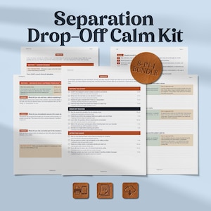 May include: A Separation Drop-Off Calm Kit featuring multiple printed pages with checklists and instructional sections. A circular brown badge labeled 8-IN-1 BUNDLE is overlaid on the documents. Three small square icons show a printer, the number 39, and a download symbol.