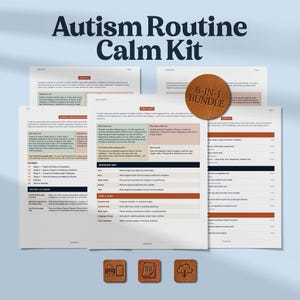 May include: An Autism Routine Calm Kit bundle featuring multiple printed pages with text, including a cheat sheet, standard operating procedures, and checklists. A circular brown badge with the text 8-IN-1 BUNDLE is overlaid on the documents.