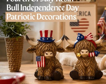 Highland Cow Patriotic Figurines Set of 2 Resin Hand‑Painted 4th July Decor Red White Blue 6.1in Mantel Shelf