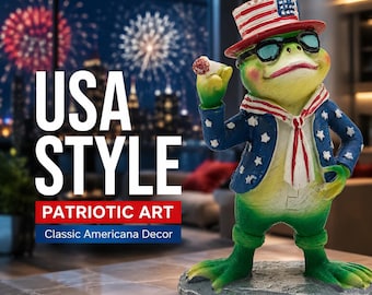 Liberty Frog Patriotic Figurine Resin Uncle Sam Frog Stars Stripes Hat Americana Decor 4th July Gift