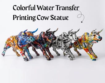 Colorful Bull Statue, Graffiti Resin Bull Sculpture, Modern Animal Figurine, Desk Decor, Office Ornament, Artistic Home Decoration Gift