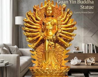 Golden Guan Yin Thousand Hand Buddha Statue Gold Resin Meditating Spiritual Zen Altar Decor Gift Lotus Base Compassion Protection
