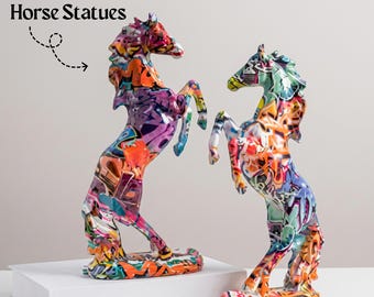 Graffiti Rearing Horse Statue, Colorful Resin Sculpture, Street Art Decor, Modern Animal Figurine for Shelf