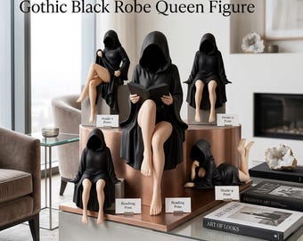 Mysterious Hooded Reading Statue, Resin Bookshelf Figurine, Sitting Figure Home Decor, Desktop Shelf Ornament, Gift Idea