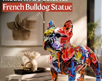 Graffiti French Bulldog Statue Multicolor Resin Pop Art Dog Figurine Large 9.6in Small 5.9in Modern Home Office Decor Gift