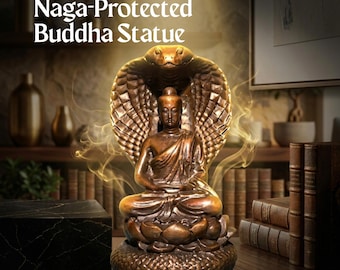 Naga Protected Buddha Statue Bronze Tone Resin Figurine Meditation Zen Buddhist Home Altar Decor Spiritual Gift Sacred Protector