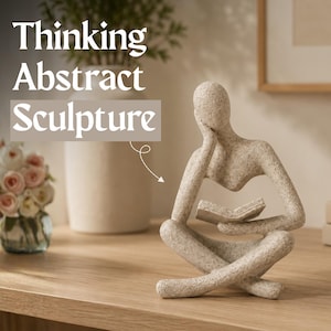 Abstract Thinker Reading Sculpture Modern Resin Book Lover Figurine Desk Shelf Decor Beige Gold 4.53in Minimalist Gift