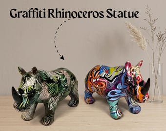 Graffiti Rhinoceros Statue, Colorful Resin Rhino Sculpture, Modern Animal Decor, Street Art Shelf Figurine