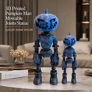 May include: Two blue 3D printed statues featuring pumpkin-shaped heads with carved facial features and articulated joints. The figures have textured surfaces, chest plates with the word PUMPKIN, and wear boots. Text on the image reads 3D Printed Pumpkin Man Moveable Joints Statue.