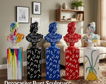 Colorful Graffiti Abstract Bust Sculpture with Pedestal Modern Contemporary Tall Floor Standing Statue Home Office Decor Resin Gift