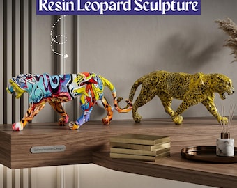 Gold Leopard Graffiti Panther Sculpture Resin Statue 13.4in Modern Pop Art Animal Figurine Home Office Desk Decor Gift