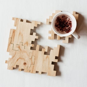 Wooden Puzzle Coasters Solid Oak Geometric Interlocking Puzzle Jigsaw Wood Puzzle Coaster Set Drink Mats Set of 4 image 1