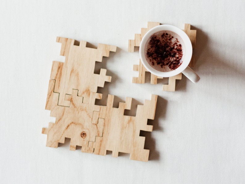 Wooden Puzzle Coasters Solid Oak Geometric Interlocking Puzzle Jigsaw Wood Puzzle Coaster Set Drink Mats Set of 4 image 1