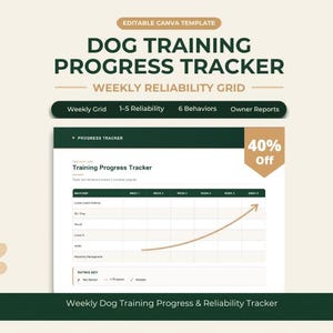 May include: An editable Canva template for a dog training progress tracker featuring a weekly reliability grid. The document includes sections for behaviors, owner reports, and a rating key, displayed in dark green and beige with a paw print icon.