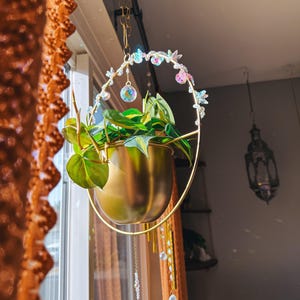 Handcrafted Crystal Hanging Planter Suncatcher | Boho Window Plant Decor, Rainbow Prism Accents