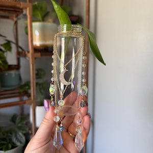 May include: A clear glass propagation tube adorned with gold-toned chains, a crescent moon pendant, and dangling iridescent crystal prisms. The tube contains a single green leaf and is decorated with small clear beads and sun-shaped charms.
