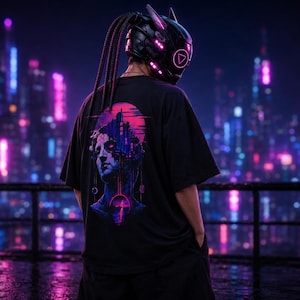 Könnte beinhalten: Ein schwarzes T-Shirt mit einer Grafik eines klassischen Büstenbildes, überlagert mit einem futuristischen Stadt-Design in Rosa- und Blautönen. Die Person trägt einen schwarzen Helm mit pinkfarbenen Neonlichtern, vor einem Neon-Stadt-Hintergrund.