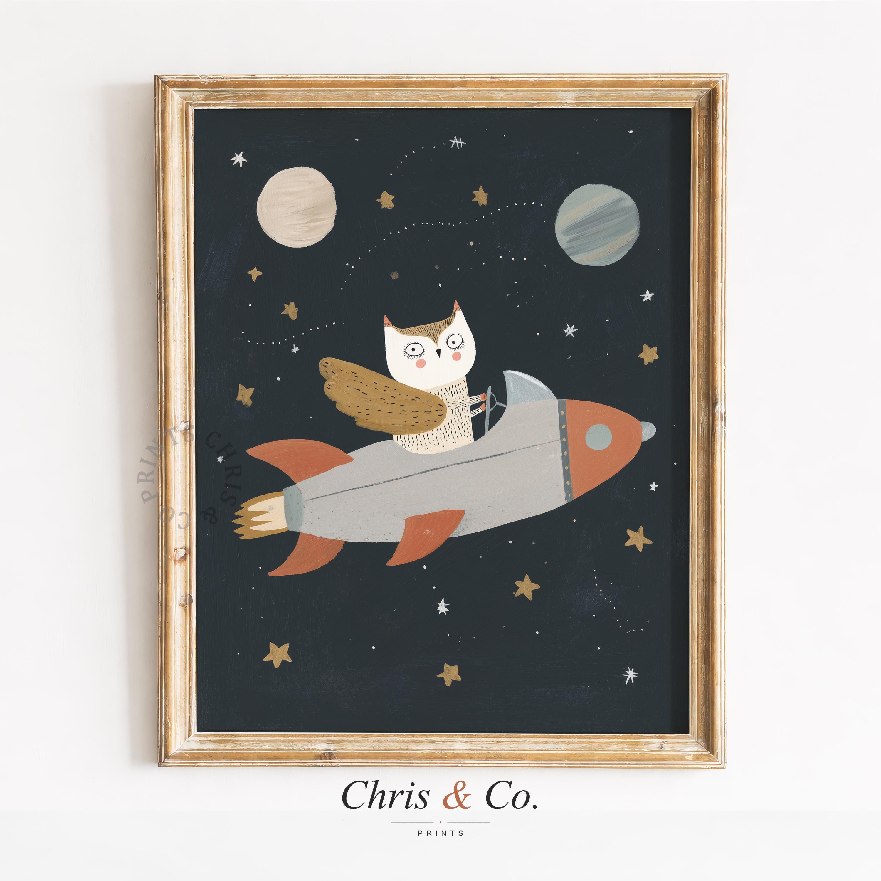 A Cute Owl in Silver Rocket, Charming Kids' Space Art (Digital Download)