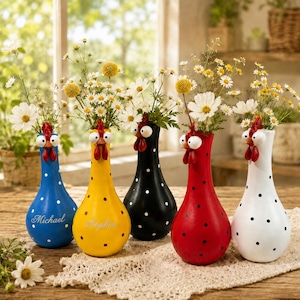 Jarrón de resina con forma de gallina, soporte para flores personalizado de estilo rústico con lunares, decoración de cocina rústica.
